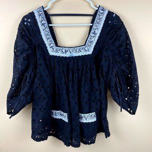 Moon Collection Blue Eyelet Baby Doll Boho Blouse